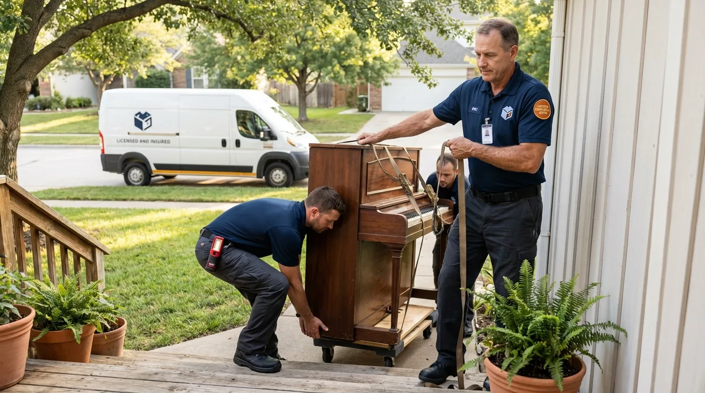 Licensed piano movers securing grand piano in Rock Hill, NY