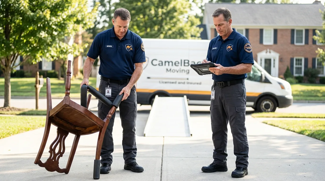 Movers inspecting furniture for damage prevention before loading in Rock Hill, NY
