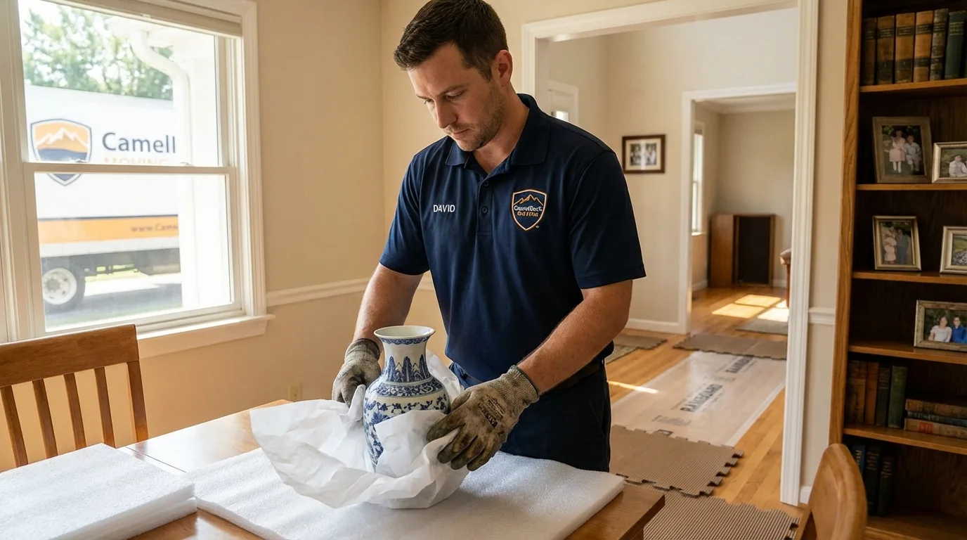 Professional crew carefully wrapping antique vase for senior downsizing move in Rock Hill, NY